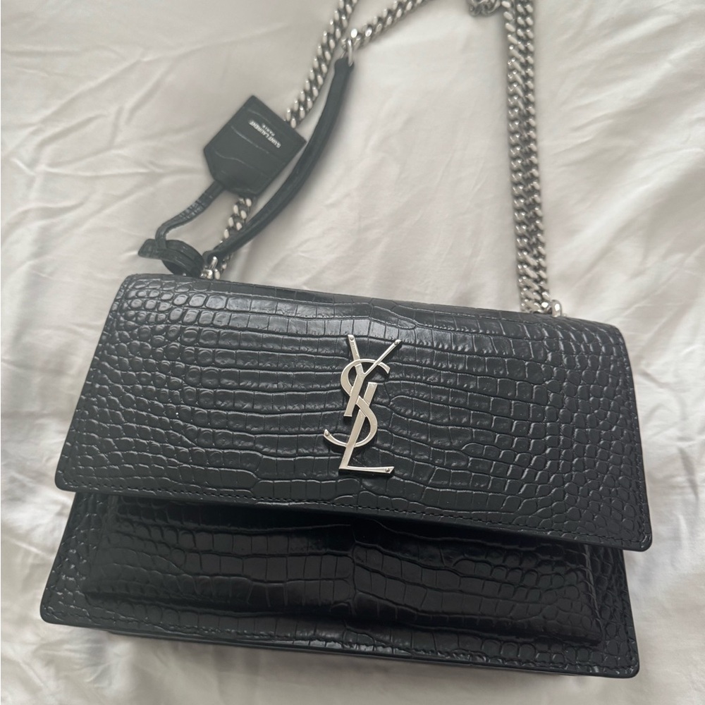 Yves Saint Laurent Black Croc-Embossed Shoulder Bag - Picture 6 of 13